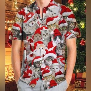 Men’s SSLR Collection Christmas Cats Kittens Button Down S/S Shirt Size Small